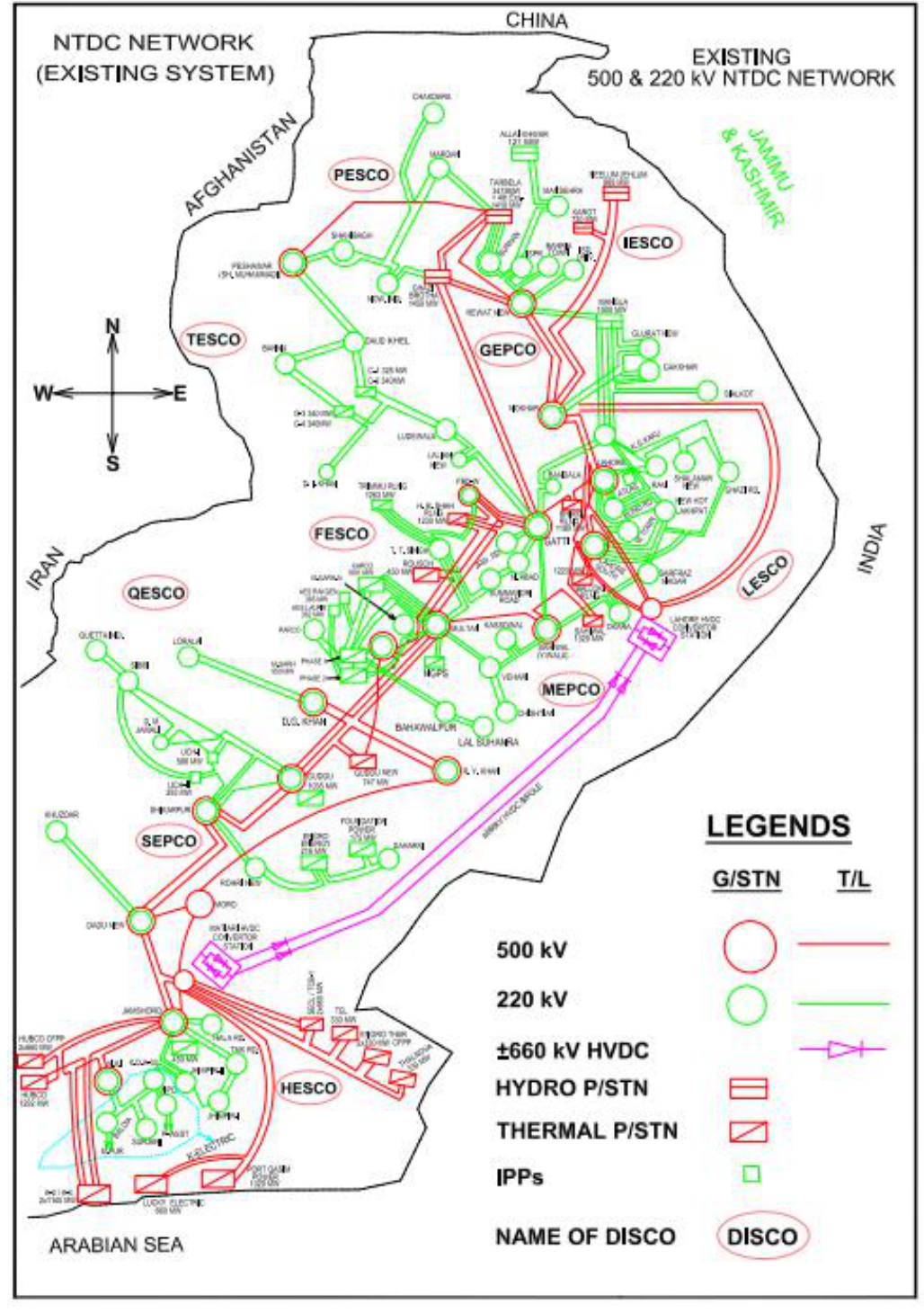 Map-style view of Pakistan's existing high-voltage grid network
